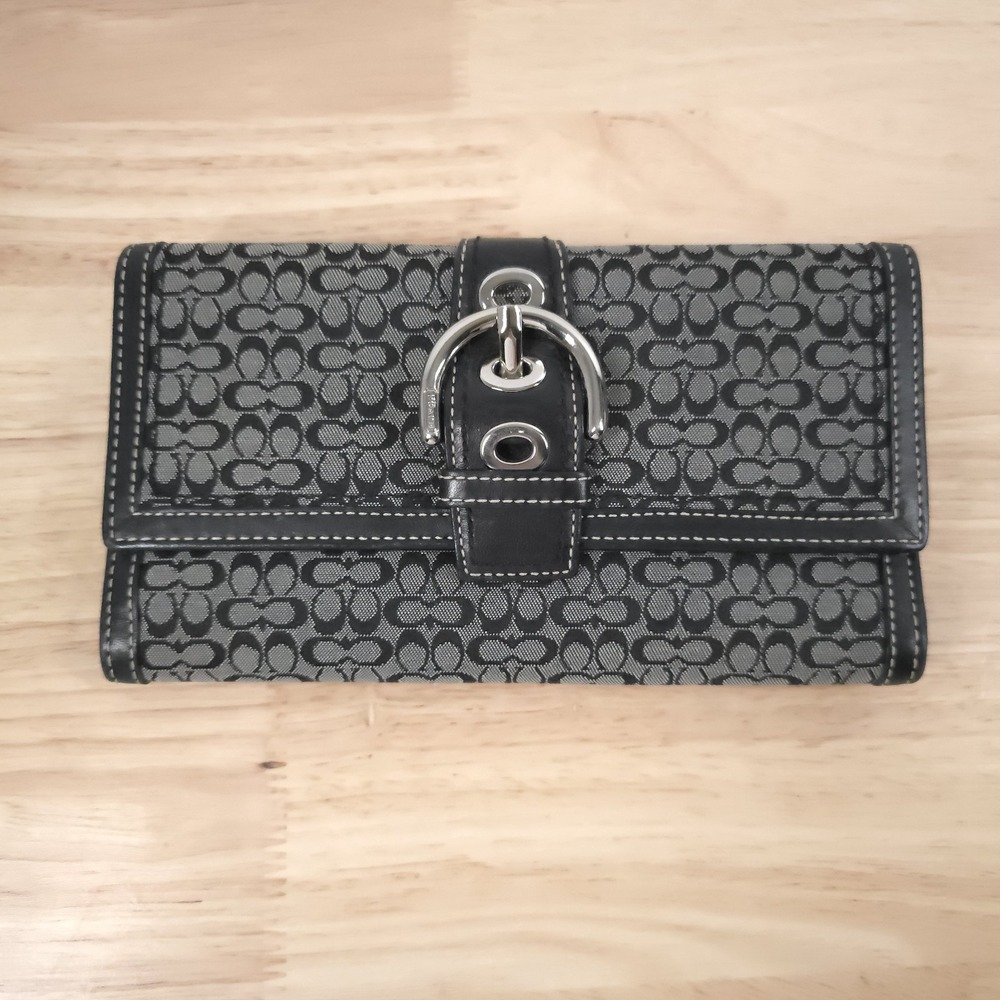 VTG Coach Signature Jacquard Black Gray Trifold Wallet Buckle Coin Pocket Y2K